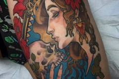 Put final touches on this lady and skull. 
#ladyhead #artnouveau #ladyface #tattoo #mucha #kingpintattoosupply #langdaleart #thightattoo #poppy #poppies #ladyheadtattoo #skulltattoo #illustrativetattoo #art #pholadelphiatattoo #phillyart #philadelphia