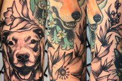 Portrait illustration of Nena the pit and some poppies and blossoms below a cool fox by @challenjer .  Thanks so much to Irissa for making the multi-state trek! .
.
.
#tattoo #pitbull #pitbulltattoo #petportrait #blacktattoo #poppies #floraltttoo #tattooart #flowers #philadelphiatattoo #philadelphiaartist