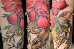 Outline is healed colors are fresh on this creature.  #tattooart #langdaleart #philadelphiatattoo #flyingsquirrel #rodent #creaturetattoo #peonytattoo #floralart #floraltattoo #cuteanimals